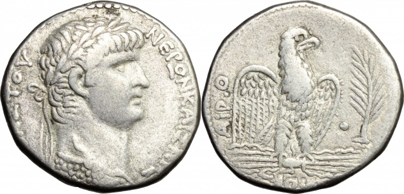 Nero (54-68). AR Tetradrachm, Antioch mint, Syria, 62-63. D/ Bust of Nero right,...