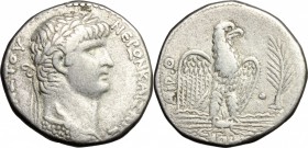 Nero (54-68). AR Tetradrachm, Antioch mint, Syria, 62-63. D/ Bust of Nero right, laureate, wearing aegis. R/ Eagle standing right on thunderbolt; befo...