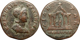 Salonina, wife of Gallienus (died 268 AD). AE 30mm, Side mint, Pamphylia, 254-268 AD. D/ Bust of Salonina right, diademed, draped. R/ Tetrastyle templ...