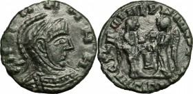 Barbaric Coinage. AE 3, barbaric imitation, 4th century AD. D/ Bust of Constantine right, helmeted, cuirassed. R/ Two Victoriae standing facing each o...