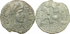 AE 3, barbaric imitation of Siscia mint issue, 4th century AD. D/ Bust of Emperor right, diademed, draped, cuirassed. R/ Soldier advancing left, spear...