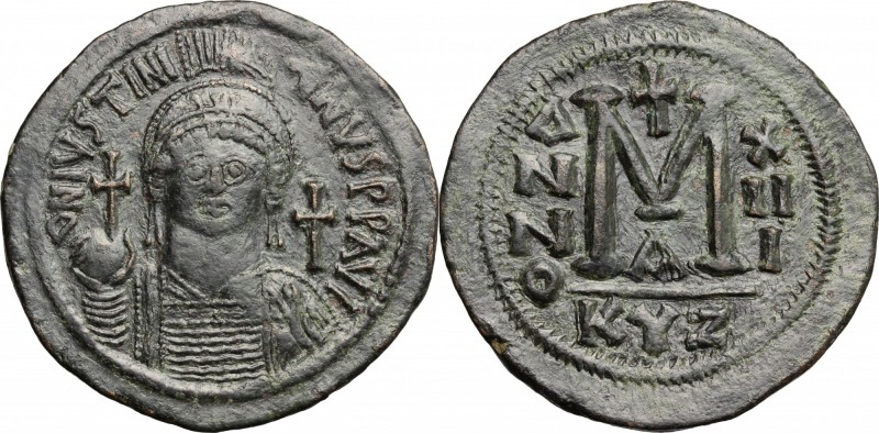 Justinian I (527-565). AE Follis, Cyzicus mint, 539-540. D/ Bust of Justinian fa...