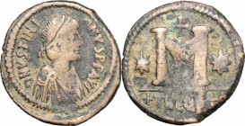Justinian I (527-565). AE Follis, Antioch mint, 528-532. D/ Bust of Justinian right, diademed, draped. R/ Large M. MIB 126. AE. g. 15.15 mm. 32.00 Tra...