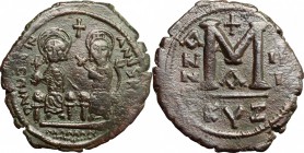 Justin II (565-578). AE Follis, Cyzicus mint, 567-568. D/ Justin and his wife enthroned facing. R/ Large M. MIB 50. AE. g. 14.78 mm. 34.00 About VF.