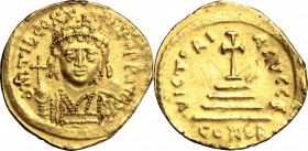 Tiberius II Constantine (578-582). AV Solidus, Constantinople mint, 578-582. D/ Bust of Tiberius facing, crowned, cuirassed, holding globus cruciger. ...