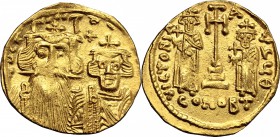 Constans II, with Constantine IV, Heraclius, and Tiberius (641-668). AV Solidus, Constantinople mint, 641-668. D/ Bust of Constans II with long beard ...