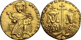 Constantine VII (913-959) and Romanus I. AV Solidus, Constantinople mint, 921 AD. D/ Christ Pantokrator enthroned facing, cross-nimbate, right hand ra...