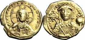 Constantine IX Monomachus (1042-1055). AV Tetarteron, Constantinople mint, 1042-1055. D/ Bust of Christ Pantokrator facing, cross-nimbate, holding boo...