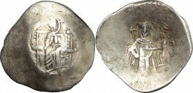 EL Scyphate, c. 12-13th century. D/ The Virgin Mary enthroned facing. R/ Emperor standing frontal, holding cross and akakia; to upper right, Manus Dei...