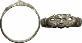 Silver ring with two hands holding mask. Roman period, 1st-3rd century AD. Size 18 mm.
