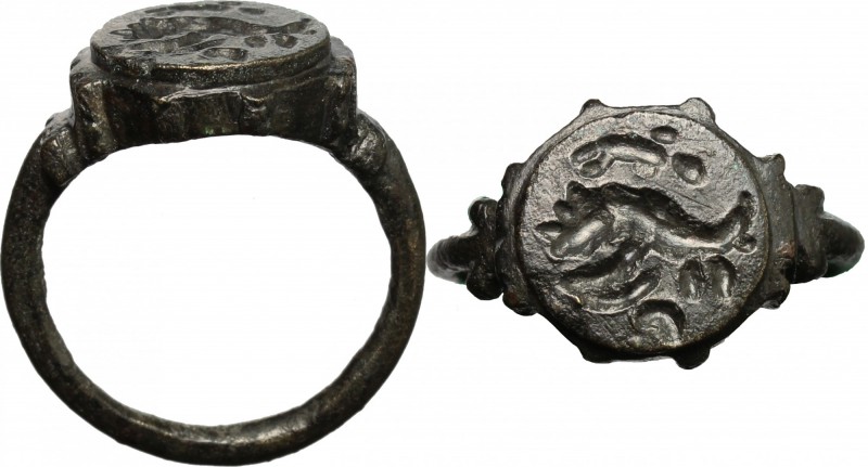 Bronze ring, the bezel engraved with shrimp (?). Roman period, 1st-5th century A...