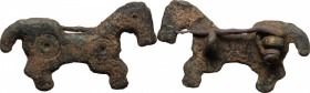 Bronze horse shaped fibula. Roman period, 3th-5th century AD. 45 x 26 mm.