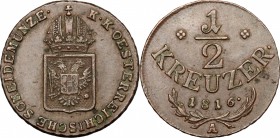 Austria. Franz II/I (1792-1805-1835). AE 1/2 Kreuzer, Vienna mint, 1816 A. AE. g. 4.55 mm. 22.00 EF.