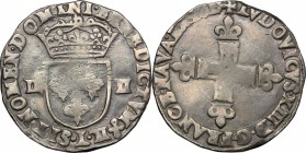 France. Louis XIII (1610-1643). AR 1/4 Écu, year non visible. AR. g. 9.46 mm. 28.00 Toned. Good F.