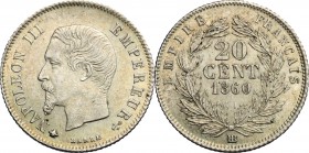 France. Napoleon III (1852-1870). AR 20 Cents, Strasbourg mint, 1860. AR. g. 0.99 mm. 15.00 About VF.