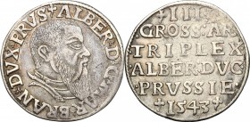 Germany. German States. Prussia. Albert of Brandenburg-Ansbach (1525-1568). AR 3 Groschen 1543. AR. g. 2.62 mm. 21.00 Lightly toned. About VF. Albert ...