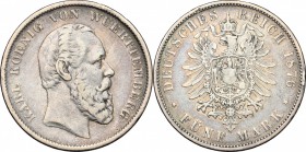 Germany. Wurttemberg. Karl III (1864-1891). AR 5 Mark, Stuttgart mint, 1876. AR. g. 27.34 mm. 38.00 Lightly toned. Good F.