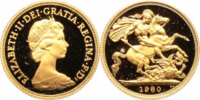 Great Britain. Elizabeth II (1952-). AV Sovereign 1980 (Proof). AV. g. 8.00 mm. 22.00 With original box. FDC.
