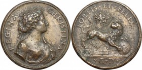 Queen Christina of Sweden (1632-1654).&nbsp; AE Medal, Sweden, 1632-1654.&nbsp;&nbsp; Obv. Bust right, draped. Rev. Lion decorated with costellation o...