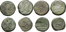 Roman Republic. Multiple lot of 4 unclassified AE Asses. D/ Head of Janus, laureate. R/ Prow. AE. Mostly anonymous.Green patina. About F.