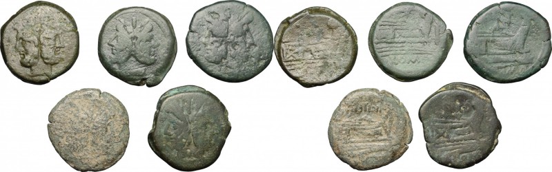 Roman Republic. Multiple lot of 5 unclassified AE Asses. D/ Head of Janus, laure...