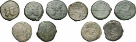 Roman Republic. Multiple lot of 5 unclassified AE Asses. D/ Head of Janus, laureate. R/ Prow. AE. Mostly anonymous.Green patina. F/About F.