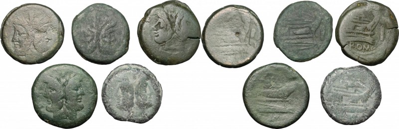 Roman Republic. Multiple lot of 5 unclassified AE Asses. D/ Head of Janus, laure...