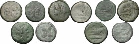 Roman Republic. Multiple lot of 5 unclassified AE Asses. D/ Head of Janus, laureate. R/ Prow. AE. Mostly anonymous. Green patina. F/About F.