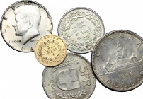 . Miscellaneous. Multiple lot of 5 coins: France 10 francs 1857 A (AU), Switzerland 5 francs 1966, Switzerland 2 francs 1965, Canada dollar 1966, USA ...
