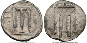 BRUTTIUM. Croton. Ca. 480-430 BC. AR stater (19mm, 7.68 gm, 1h). NGC XF 4/5 - 3/5. ϘPO, tripod with leonine feet; heron standing left in right field, ...