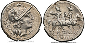 Q. Marcius Libo (ca. 148 BC). AR denarius (19mm, 9h). NGC Choice VF. Rome. LIBO, head of Roma right, wearing winged Attic helmet decorated with griffi...