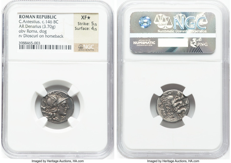 C. Antestius (146 BC). AR denarius (17mm, 3.70 gm, 2h). NGC XF S 5/5 - 4/5. Rome...