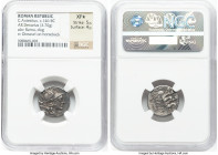 C. Antestius (146 BC). AR denarius (17mm, 3.70 gm, 2h). NGC XF S 5/5 - 4/5. Rome. Helmeted head of Roma right; dog running right in left field, X (mar...