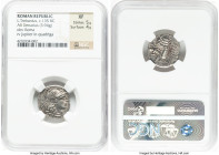 L. Trebanius (135 BC). AR denarius (19mm, 3.94 gm, 4h). NGC XF 5/5 - 4/5. Rome. Head of Roma right, wearing pendant earring, beaded necklace, and wing...