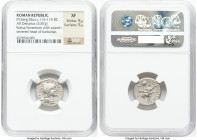 M. Sergius Silus (116-115 BC). AR denarius (17mm, 3.87 gm, 9h). NGC XF 5/5 - 5/5. Rome, special quaestorian issue. EX•S•C-ROMA Head of Roma right, wea...