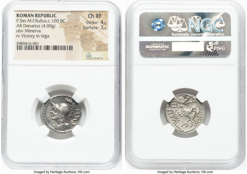 P. Servilius M.f. Rullus (ca. 100 BC). AR denarius (20mm, 4.00 gm, 2h). NGC Choi...