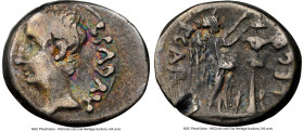 Augustus (27 BC-AD 14). AR quinarius (13mm, 6h). NGC Fine, scuffs, graffito. Spain, Emerita, under P. Carisius, legate, ca. 25-23 BC. AVGVST, bare hea...