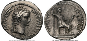 Tiberius (AD 14-37). AR denarius (19mm, 3.56 gm, 6h). NGC Choice XF 5/5 - 2/5. Lugdunum, ca. AD 15-18. TI CAESAR DIVI-AVG F AVGVSTVS, laureate head of...