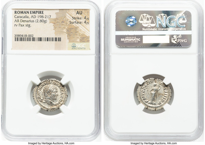 Caracalla (AD 198-217). AR denarius (20mm, 2.80 gm, 1h). NGC AU 4/5 - 4/5. Rome,...