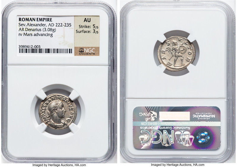 Severus Alexander (AD 222-235). AR denarius (19mm, 3.08 gm, 6h). NGC AU 5/5 - 3/...