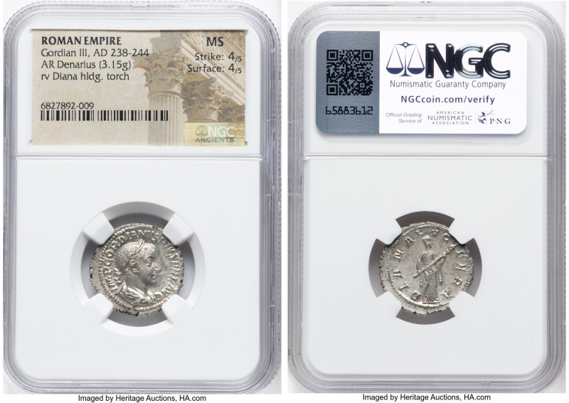 Gordian III (AD 238-244). AR denarius (19mm, 3.15 gm, 12h). NGC MS 4/5 - 4/5. Ro...