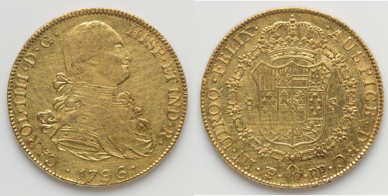 Charles IV gold 8 Escudo 1796 PTS-PP XF (Cleaned, Reverse Scratch), Potosi mint,...