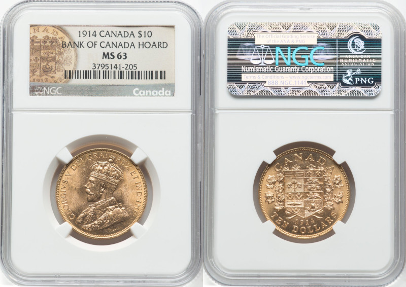 George V gold 10 Dollars 1914 MS63 NGC, Ottawa mint, KM27, Fr-3. Bank of Canada ...