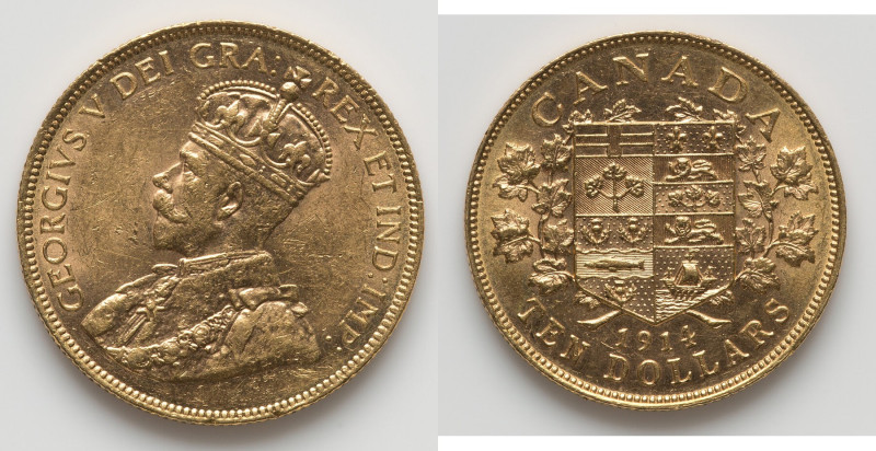 George V gold 10 Dollars 1914 AU, Ottawa mint, KM27, Fr-3. 26.9mm. 16.73gm. HID0...