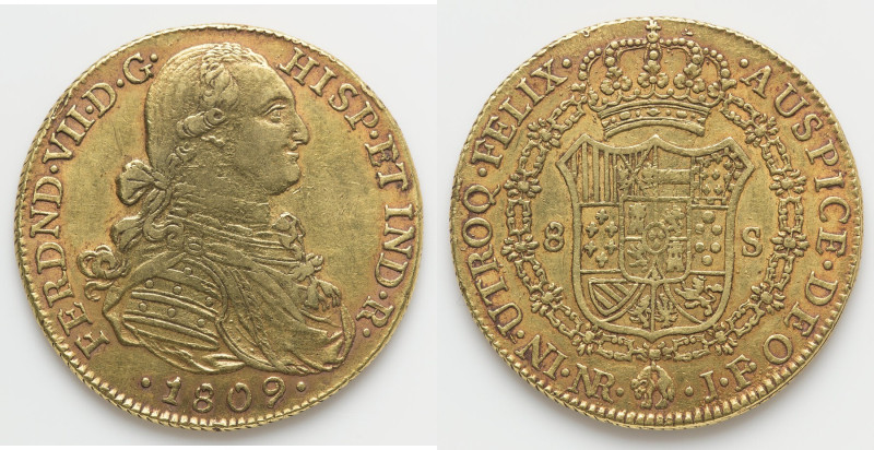 Ferdinand VII gold 8 Escudos 1809 NR-JF XF (Scratch), Nuevo Reino mint, KM66.1, ...