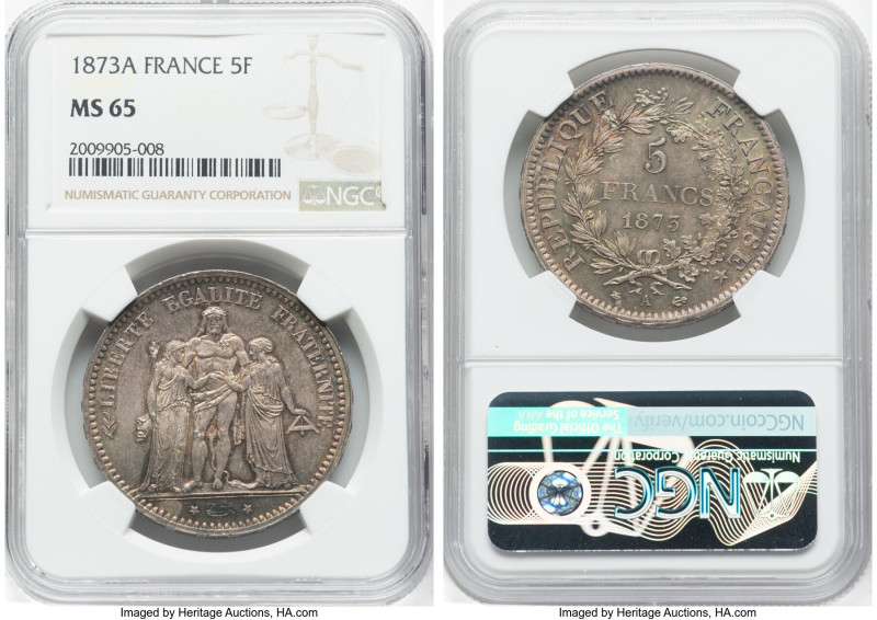 Republic 5 Francs 1873-A MS65 NGC, Paris mint, KM820.1, Gad-745a. Graphite patin...