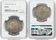 Republic 5 Francs 1873-A MS65 NGC, Paris mint, KM820.1, Gad-745a. Graphite patina that is backlit by gold and red highlights and twirling luster. HID0...