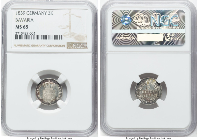 Bavaria. Ludwig I 3 Kreuzer 1839 MS65 NGC, Munich mint, KM800. Mottled patina an...