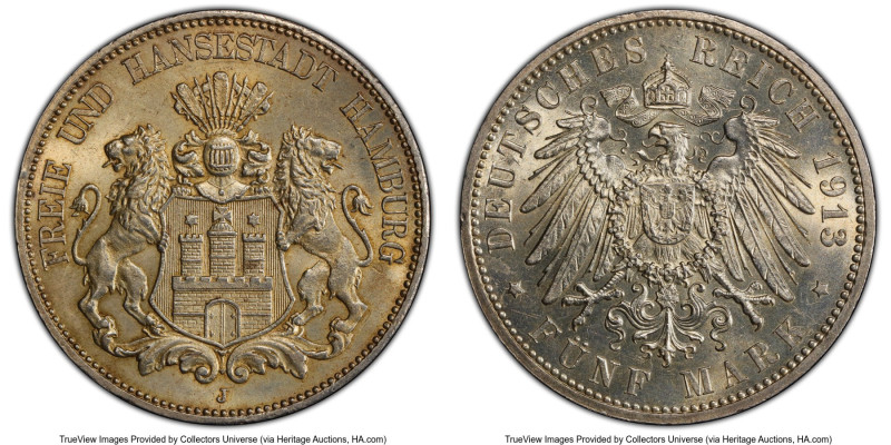 Hamburg. Free City 5 Mark 1913-J MS63 PCGS, Hamburg mint, KM610, J-65. Last year...