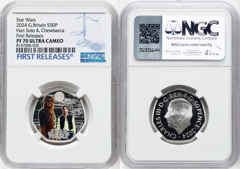 Charles III silver Colorized Proof "Han Solo & Chewbacca" 50 Pence 2024 PR70 Ult...